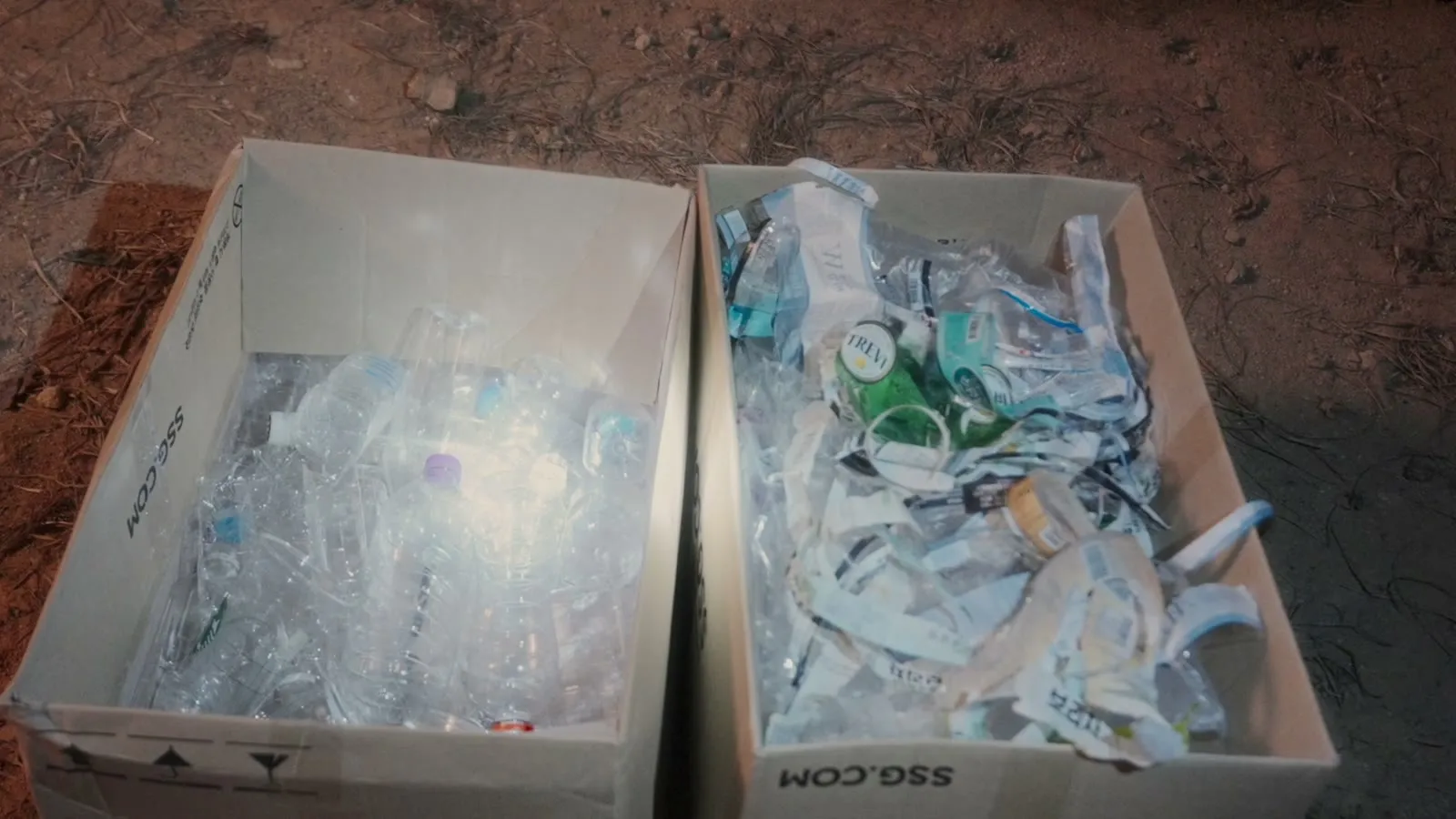 Bottles with the labels off, and the labels, in separate boxes