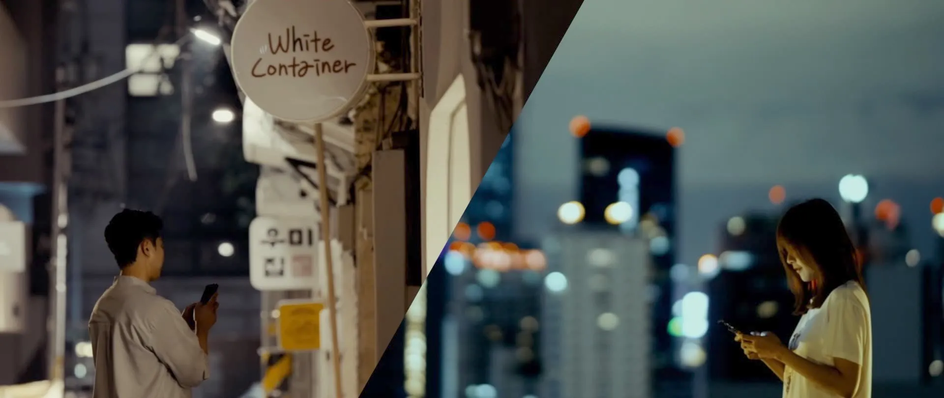 A single frame split on the diagonal: a Seoul street on the left, the Bangkok night on the right